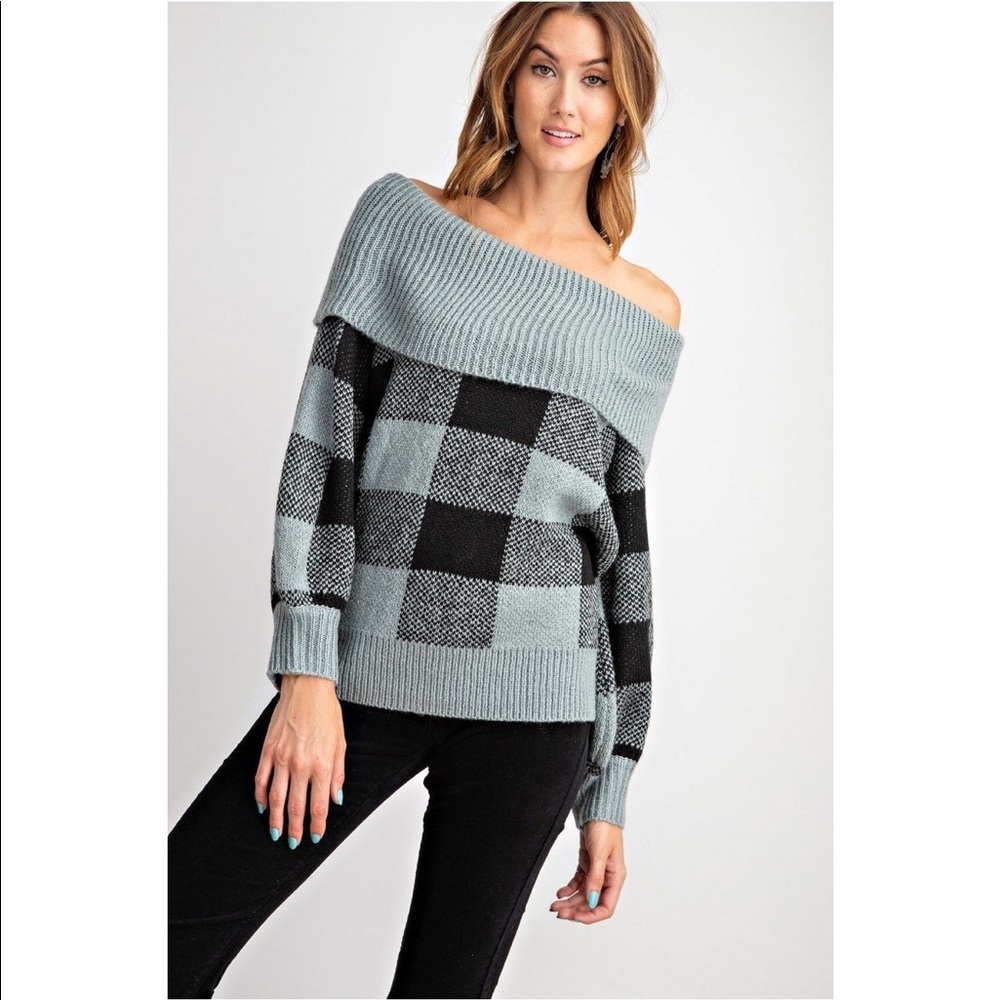 Off Shoulder Argyle Print Sweater